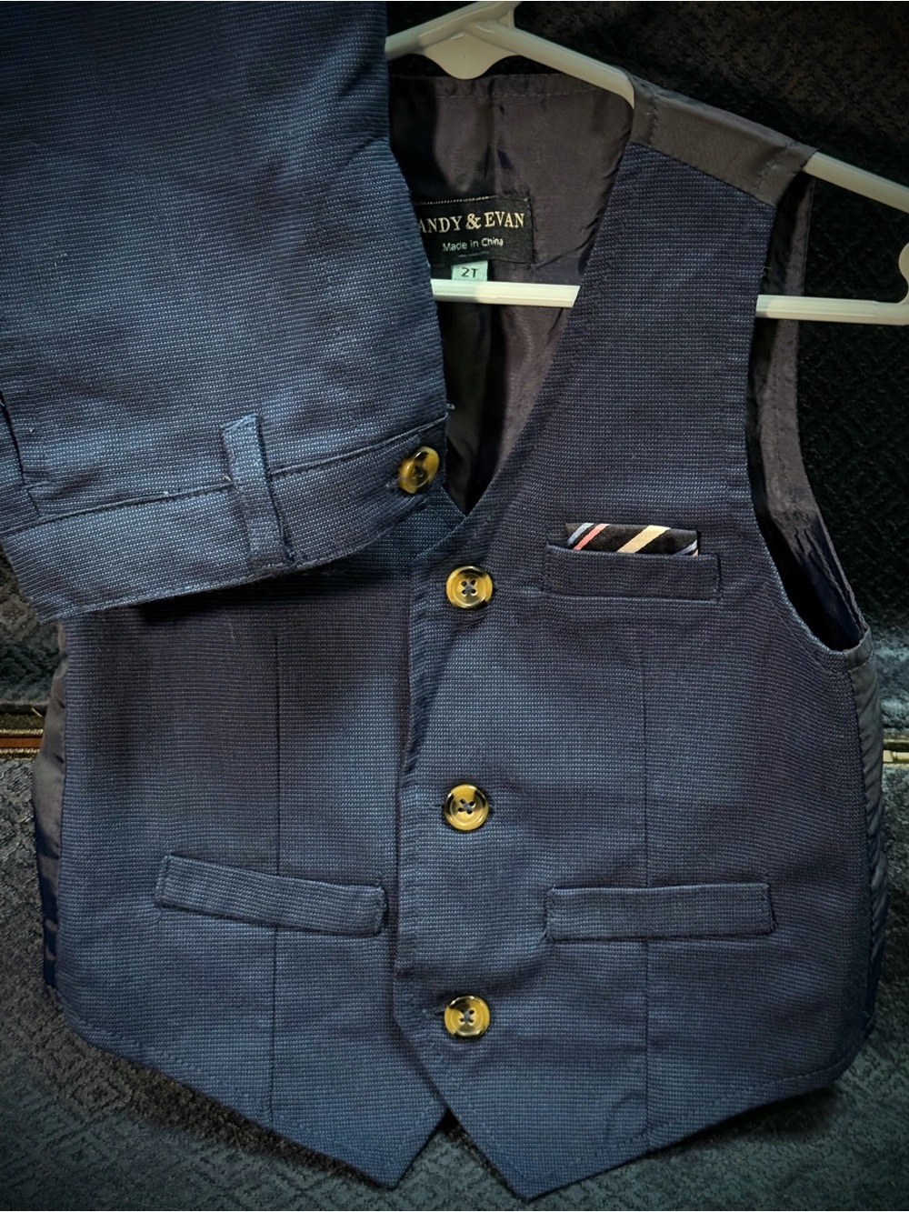 Andy & Evan Navy Boys' Textured Vest with Contrast Pocket Square